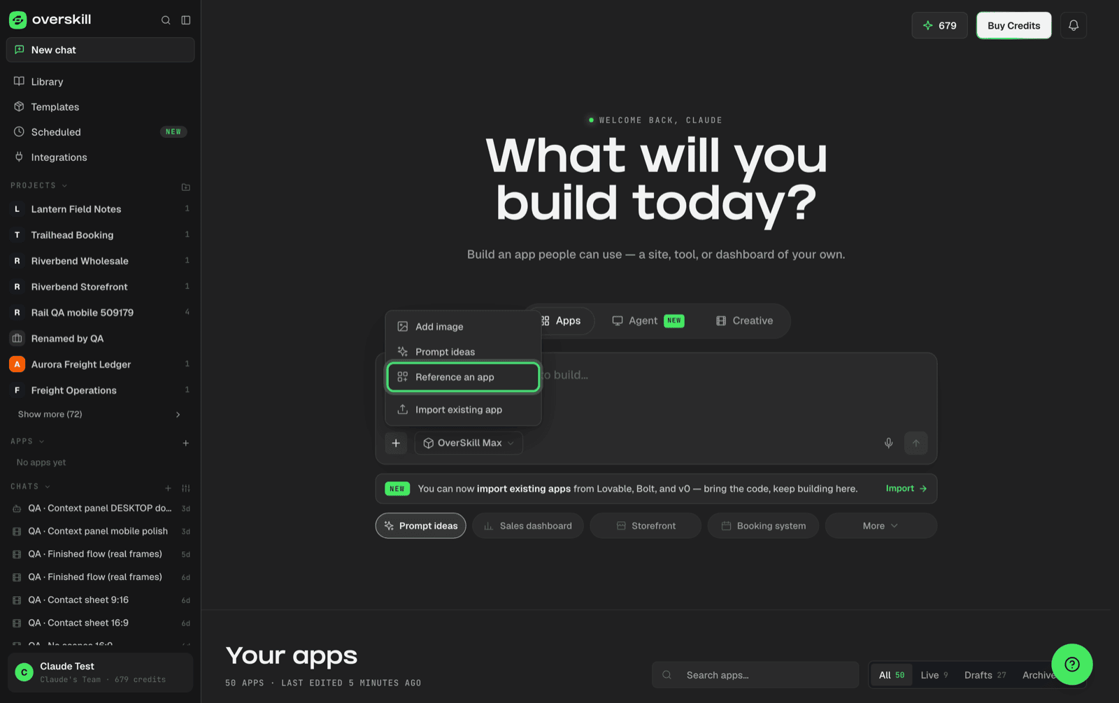 The new-app box on the dashboard with the plus menu open, showing Reference an app between Prompt ideas and Import existing app