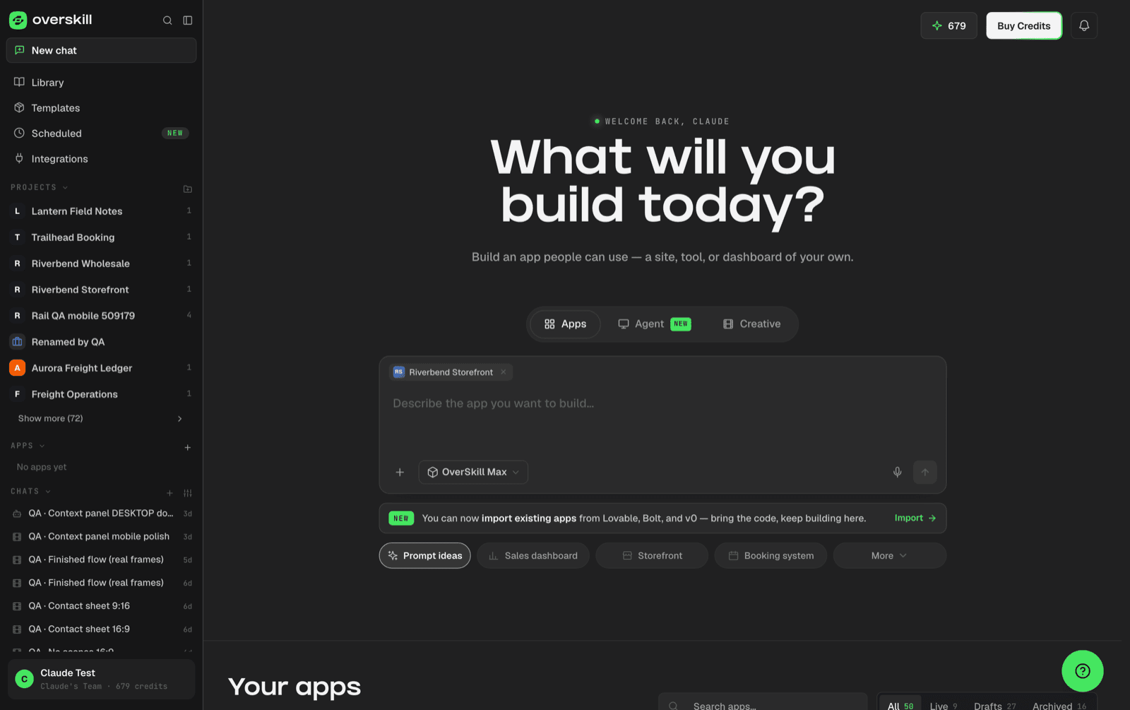 The new-app box with Riverbend Storefront attached as a tag above the prompt field